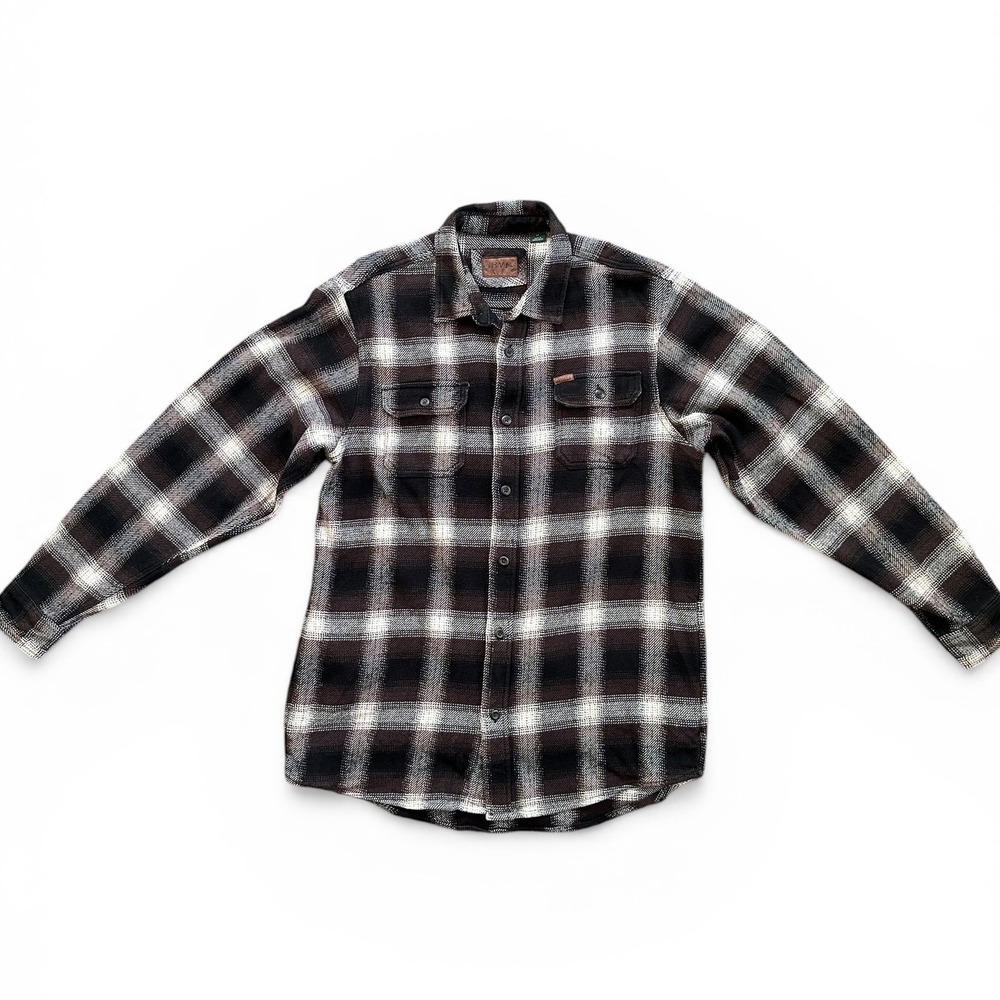 Orvis Flannel Shirt Mens LT Brown Black Plaid Excellent Heavyweight Cotton